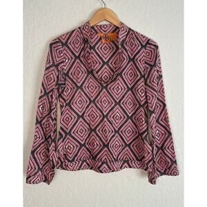 Tory Burch Pink Blue Diamond Shimmer Top Long Sleeve Blouse Geo 70s Disco Party